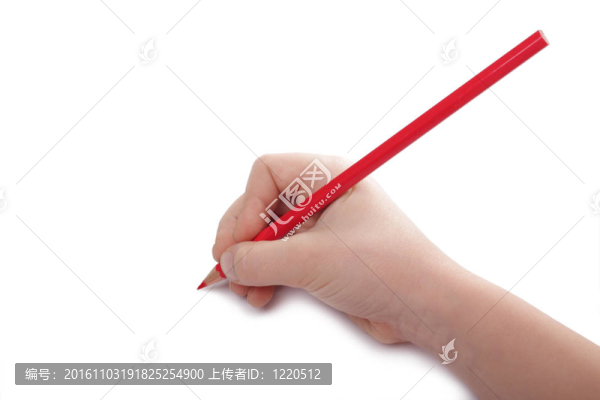 小孩手上畫一支紅鉛筆。水平。