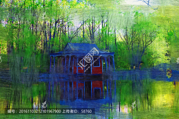 電腦畫,湖岸木屋