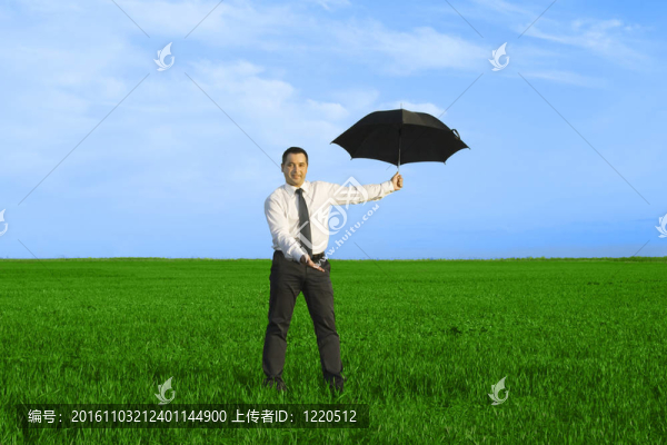 快樂的商人站在草地上