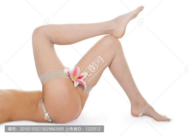 性感的女人的腿長在白色絲襪和白色百合
