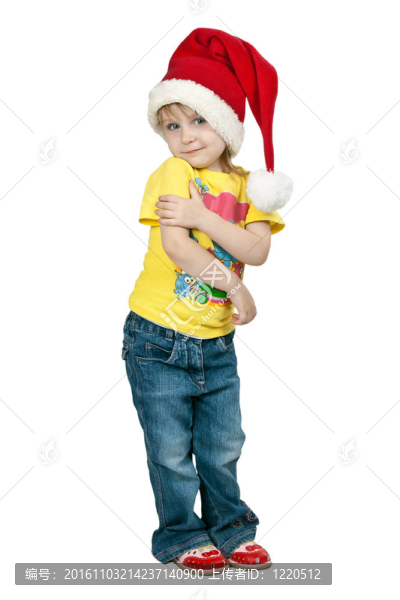 戴著白色背景的圣誕老人的小女孩