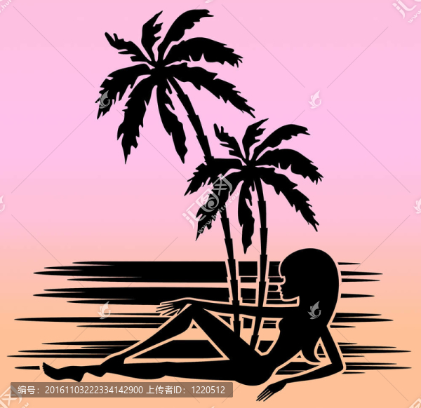 熱帶海灘有棕櫚樹和女人。輪廓.