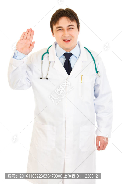 微笑的醫(yī)生表示敬禮手勢白色隔離