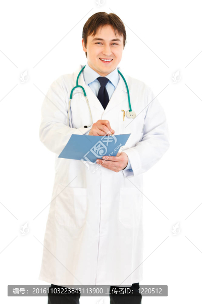 白色病人隔離病歷中的微笑醫(yī)生書寫報告