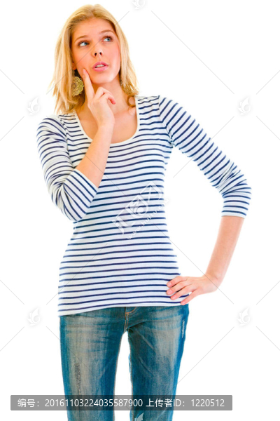 憂郁的美麗少女的手靠近臉看著復(fù)制空間孤立在白色