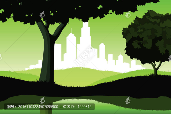 夜間景觀與樹木和城市剪影