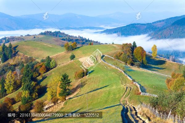 秋天薄霧清晨山