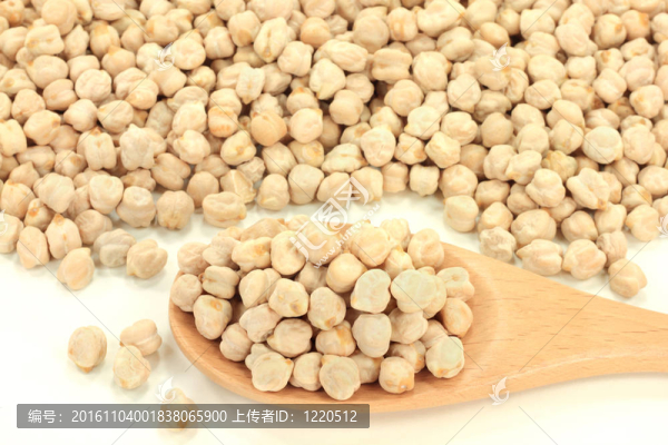 小雞豌豆種子在樁和木勺。