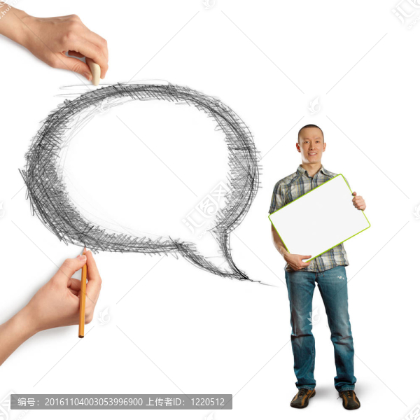 人的手與言語泡沫和人