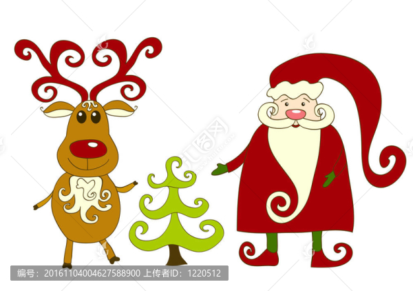 Santa；馴鹿和樹。
