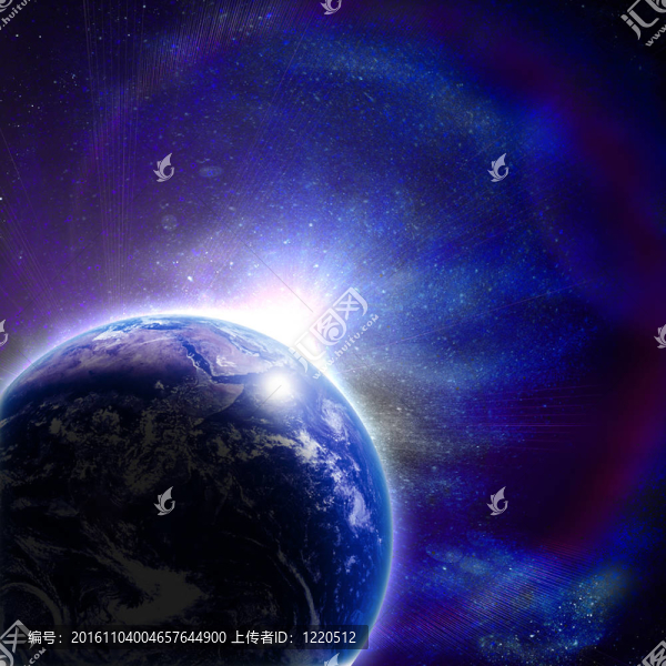 在太空中的藍(lán)色地球與上升的太陽