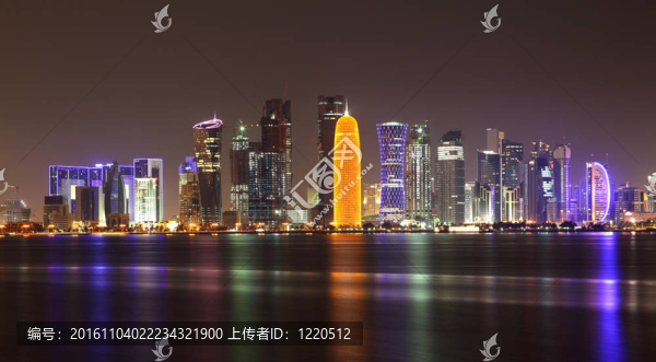 多哈夜間天際線；卡塔爾；中東