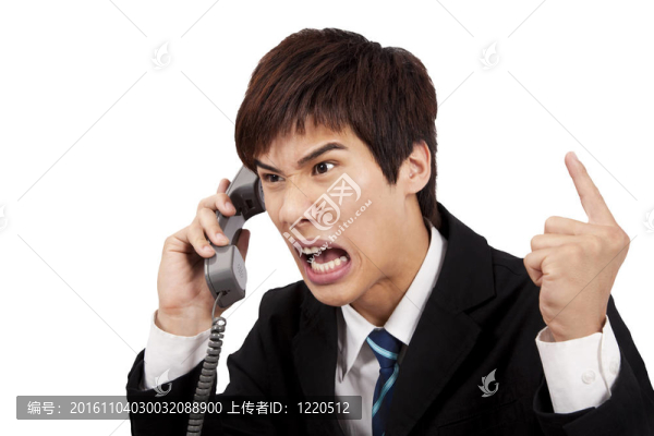 憤怒的商人在電話上尖叫，在白色背景下孤立