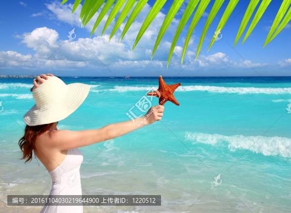 海灘帽子女子海星在手熱帶加勒比