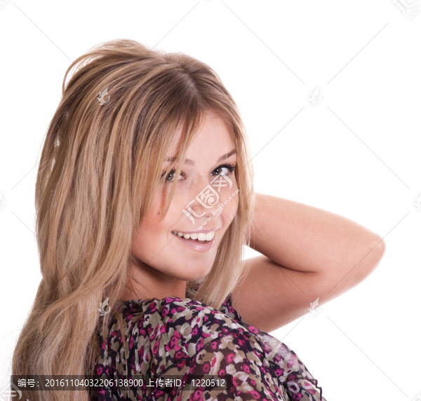 可愛的女人與美麗的頭發(fā)白色背景