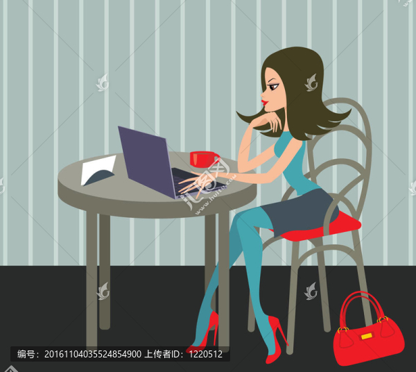 年輕女子用筆記本電腦在咖啡館