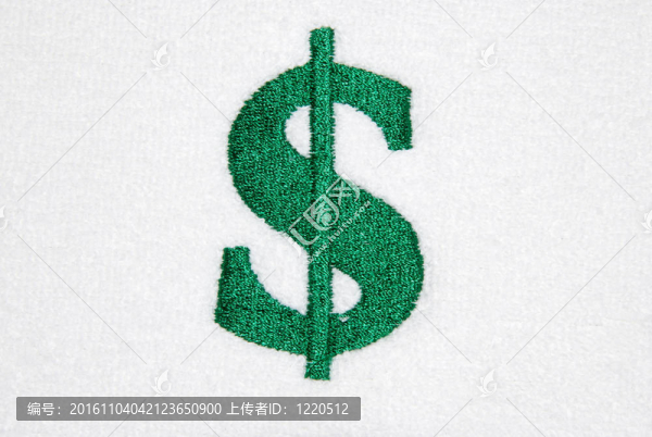 綠色美元貨幣符號繡在白布上