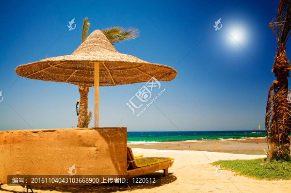 棕櫚；對(duì)藍(lán)色的天空和海的陽(yáng)傘。