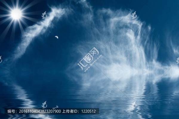 藍色的天空，云彩和月亮，有趣的太陽。