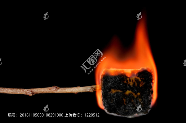 燃燒的棉花糖棒上
