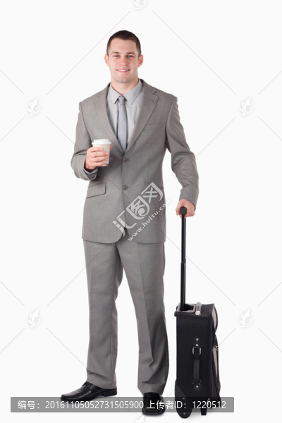 一個商人拿著一杯茶和一個手提箱的肖像