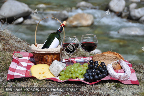 野餐時供應(yīng)的奶酪和葡萄。韋爾扎斯卡山谷；瑞士