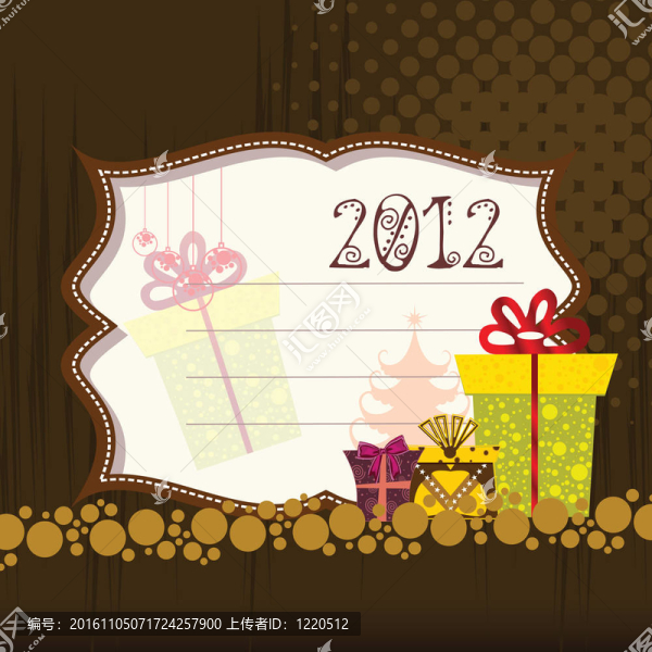 2012快樂的新年賀卡與禮品盒在半色調背景；金圈；深褐色；樹；絲帶；黃色；紅色；黃色；白色；紅色；顏