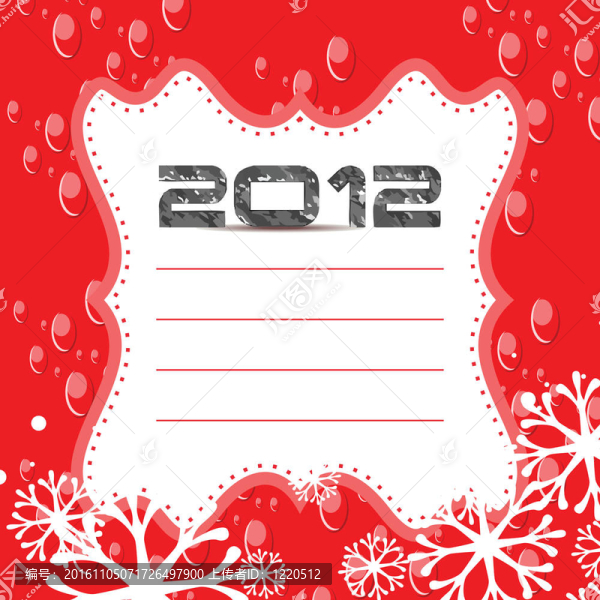 2012摘要向量的新年賀卡；紅色泡泡背景；雪花；垃圾短信；白色；灰色的陰影。