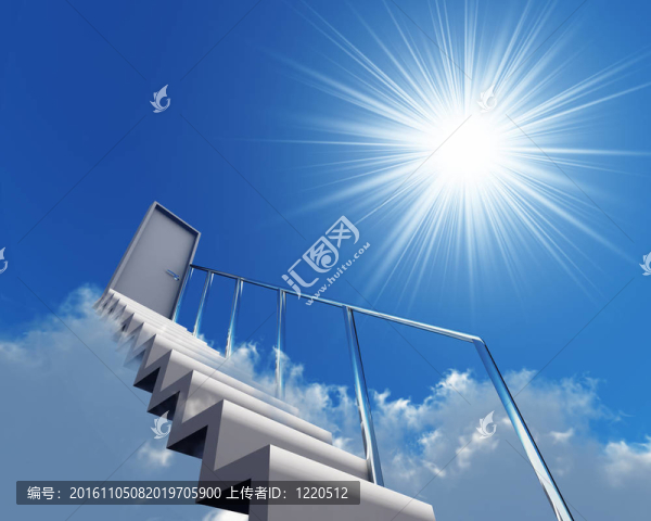 在背景天空和太陽云中的樓梯和門