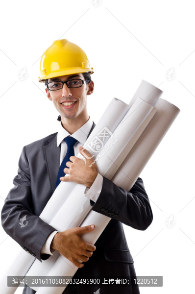 年輕建筑師與圖紙孤立的白色