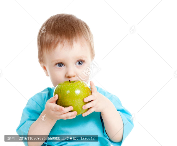 抱著綠色蘋(píng)果的小男孩；白色的隔離