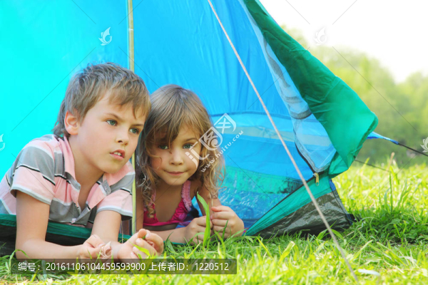 在夏日的草地上，小弟弟和妹妹躺在綠草如茵的草地上