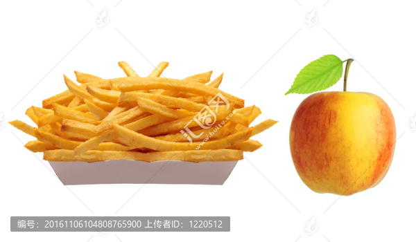 白盒薯?xiàng)l和黃蘋果，白上有綠葉子