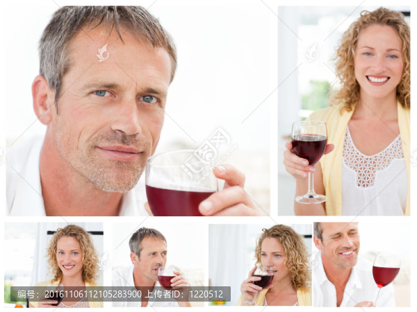 一個男人和一個女人在他們的公寓客廳里拿著一杯紅酒拼貼