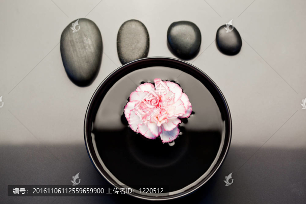 粉紅色和白色與黑色鵝卵石在它上面黑碗浮香石竹