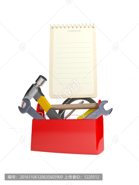 白色背景下塑料盒中的工具和工具集