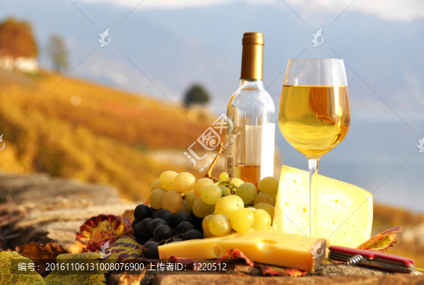 葡萄酒和奶酪在Lavaux地區(qū)的梯田葡萄園玻璃；瑞士