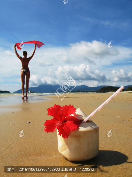椰子雞尾酒在Langkawi的海灘；馬來西亞