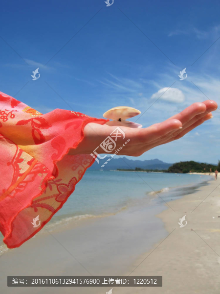 女人擁有對(duì)Langkawi的沙灘島的貝殼；馬來(lái)西亞