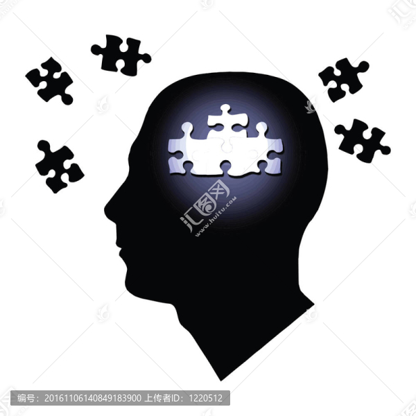 圖像的各種拼圖內(nèi)的一個人的頭部輪廓孤立在白色背景。