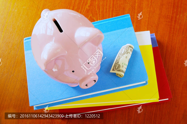 書架上的小豬銀行；用美元