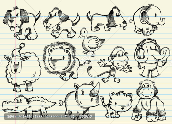 涂鴉素描動(dòng)物向量集