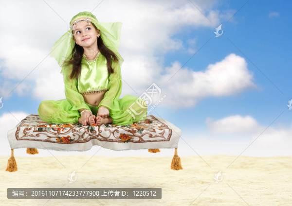 小阿拉伯女孩坐在飛毯上