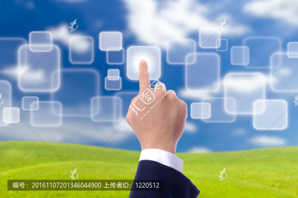 藍(lán)色天空上的手推按鈕