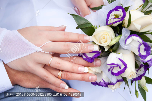與結婚戒指的新婚夫婦的手
