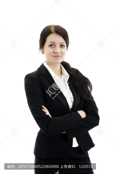 一個年輕的迷人的商業(yè)婦女雙手折疊的肖像。白色孤立。