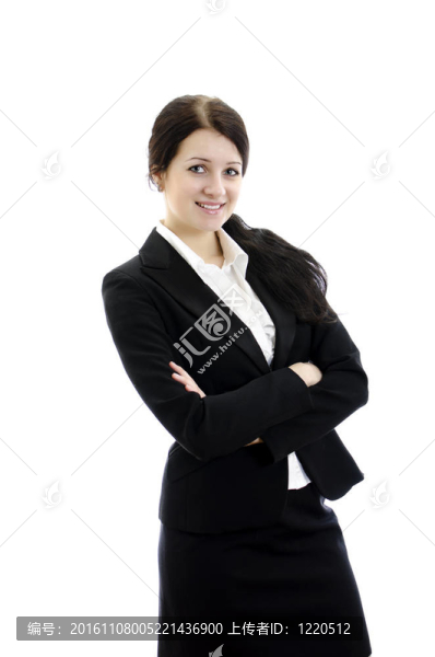一個年輕的迷人的商業(yè)婦女雙手折疊的肖像。白色孤立。