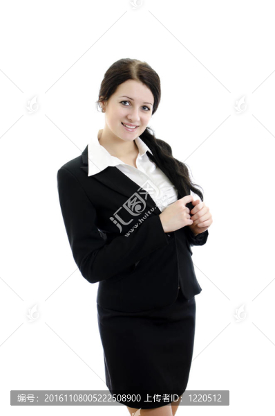 一個年輕的迷人的商業(yè)婦女雙手折疊的肖像。白色孤立。