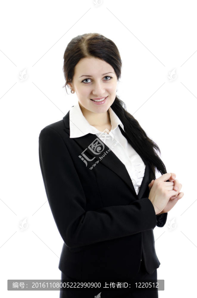 一個(gè)年輕的迷人的商業(yè)婦女雙手折疊的肖像。白色孤立。
