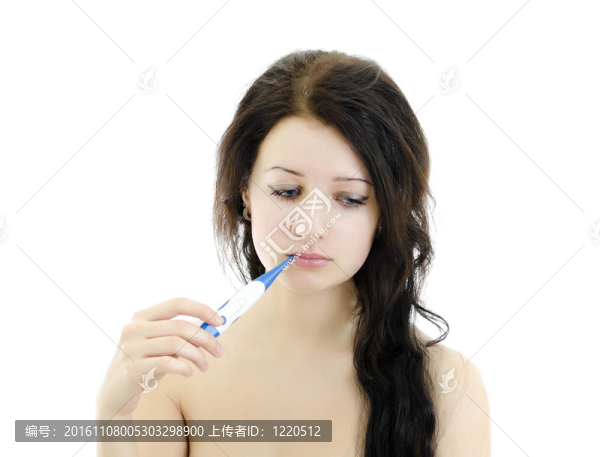特寫特寫美女與溫度計(jì)。白色孤立。
